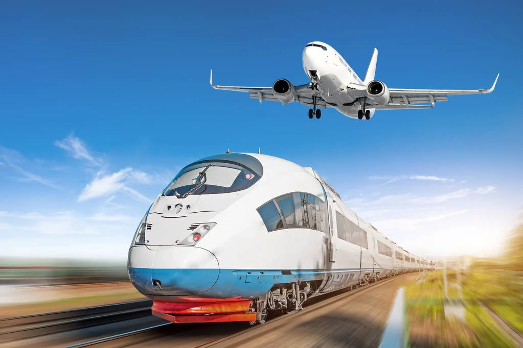 Airplane in the sky and high speed train, the concept of passenger transport.