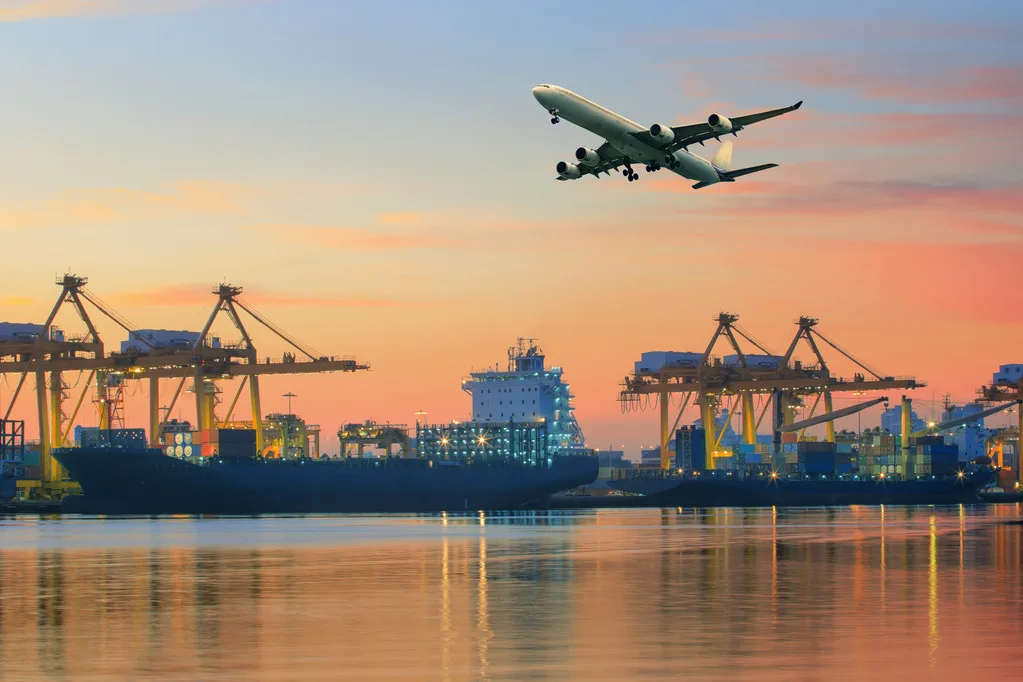 cargo plane flying above ship port use for transportation and freight logistic industry business