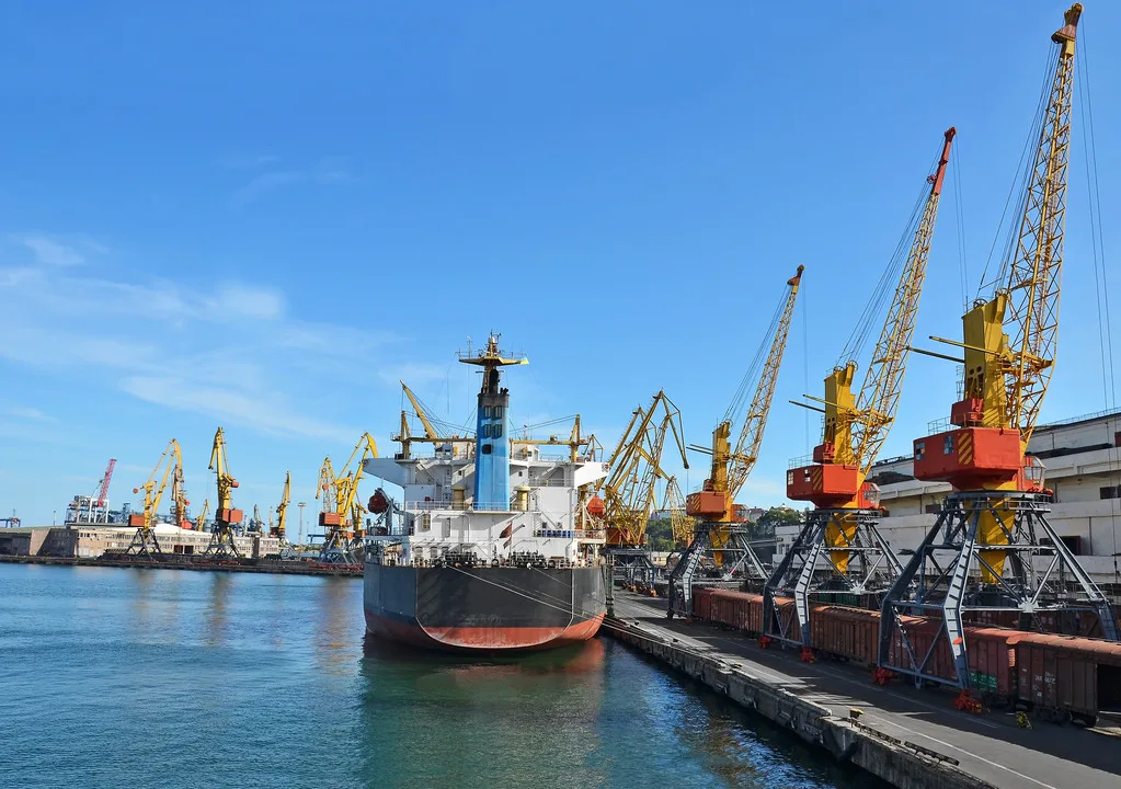 Bulk cargo ship and train under port crane