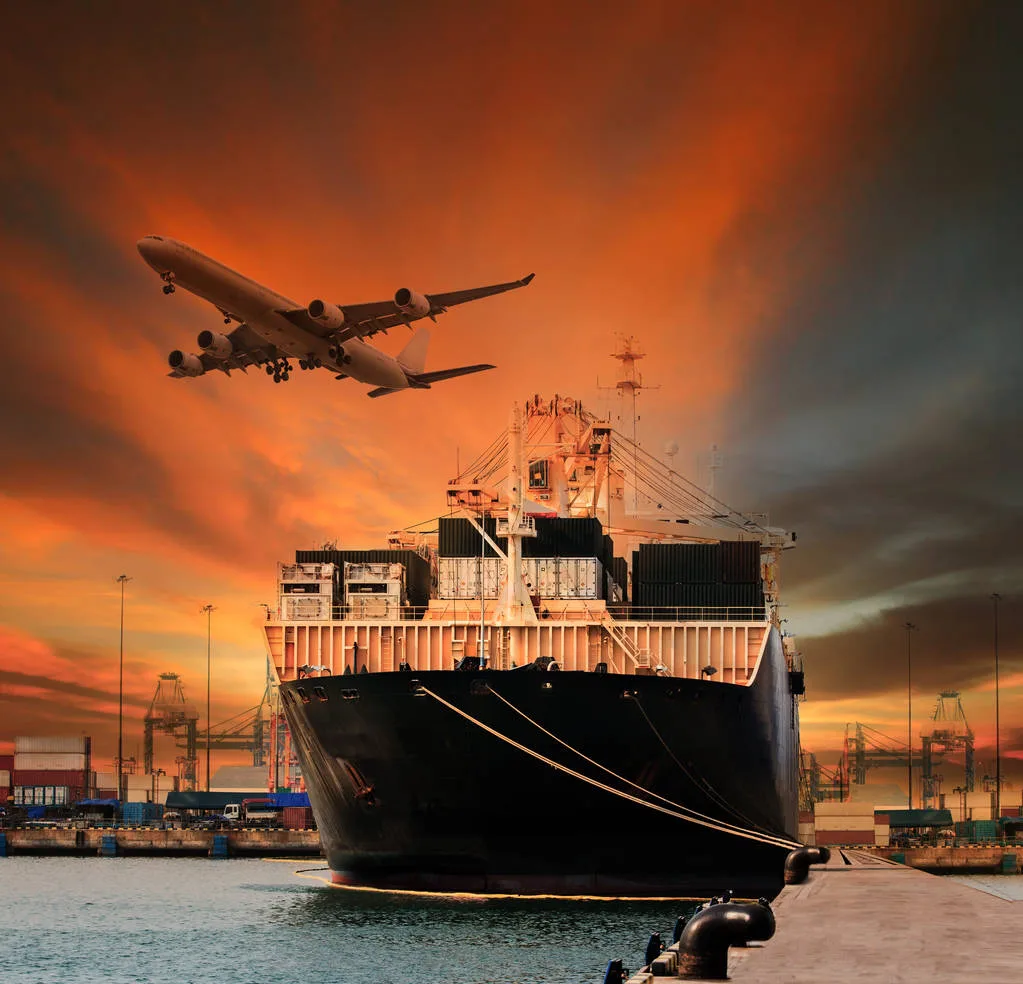 container ship and container in shipping port cargo plane flying above