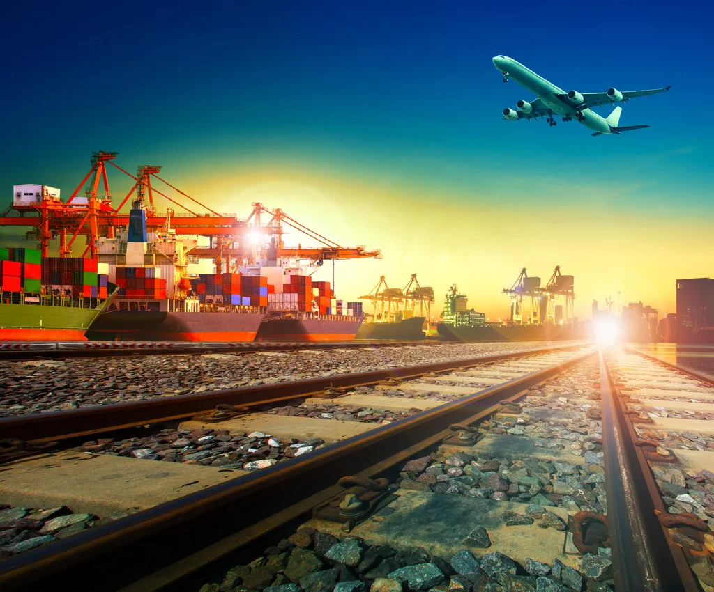 railway transport in import export shipping port and cargo plane logistic flying above use as freight and transportation business service