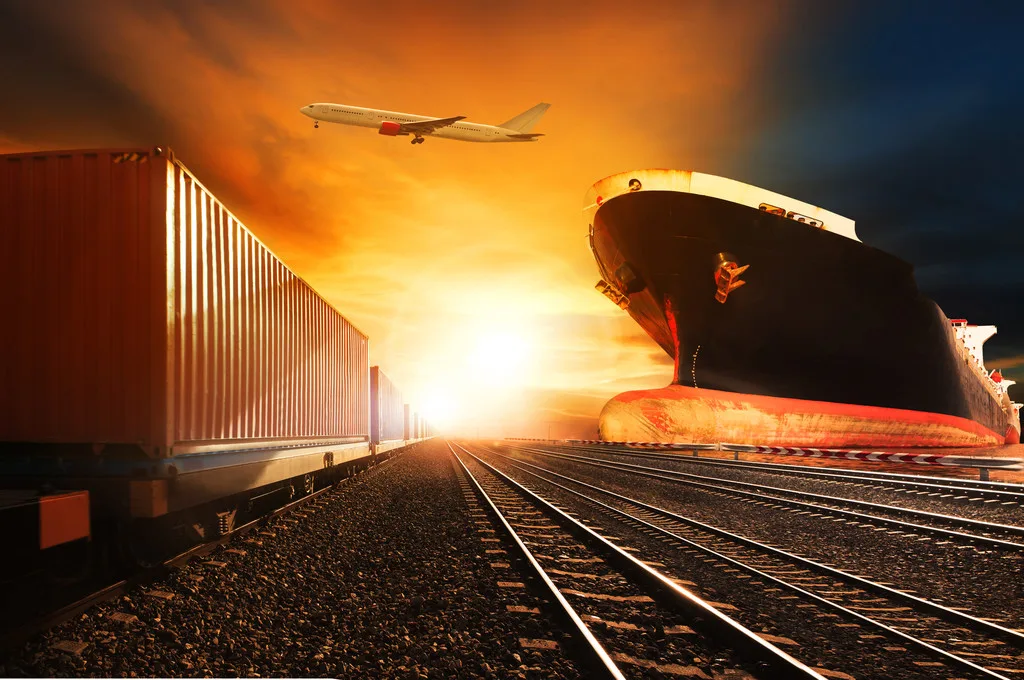 container trains ,commercial ship on port freight cargo plane flying above use for logistic and transportation industry background