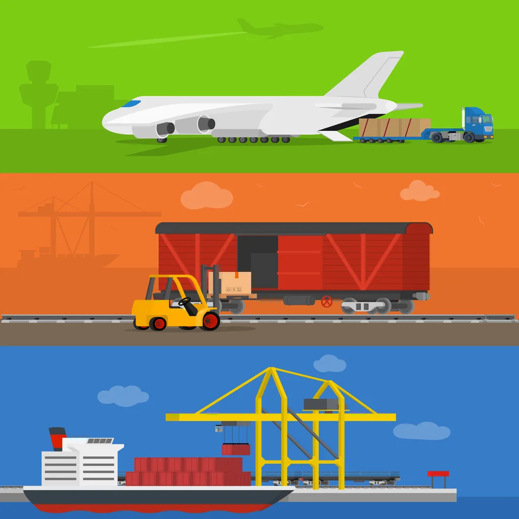 Freight logistics and transportation ways featuring seaway cargo shipping airway freight.