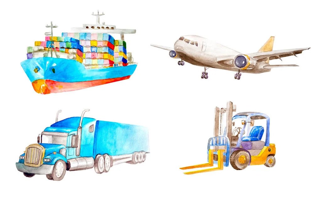 Watercolor collection of cargo transport and logistic vehicle. Container ship, cargo plane, classic American truck trailer and forklift. On a white background isolated for business cards