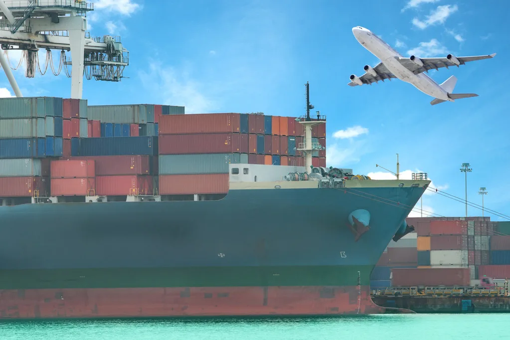 a flying plane and a freight ship on transport background