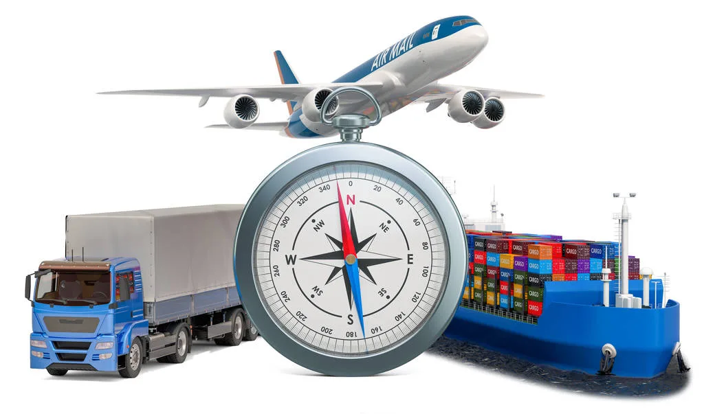 Global delivery concept. Compass with truck, airplane and cargo