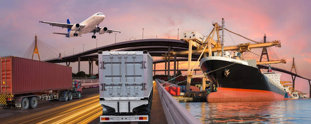 Panorama transport and logistic concept by truck boat plane for